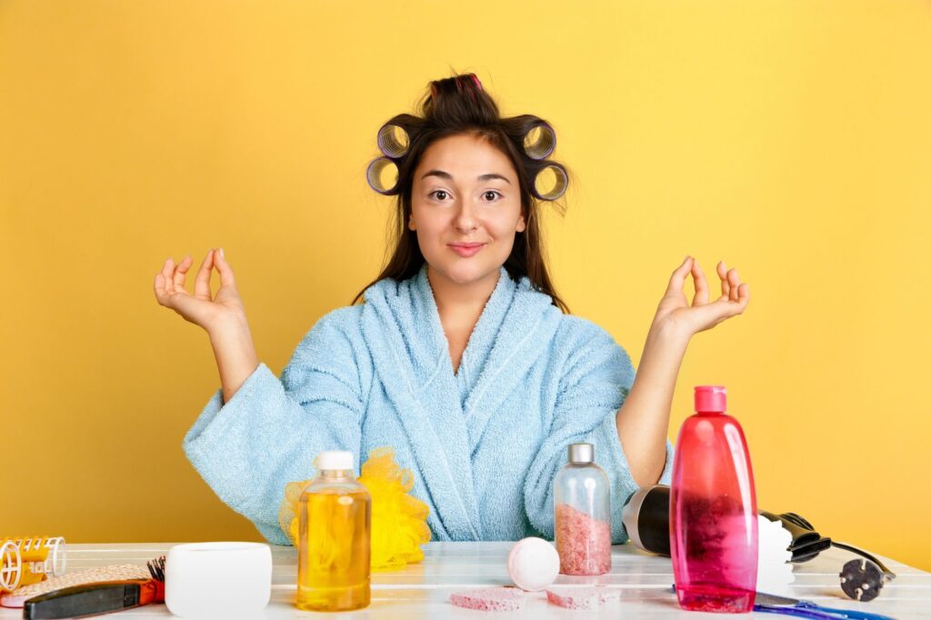 A young woman in her DIY home spa day and skin care routine