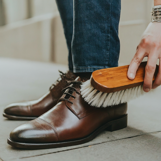 A person cleaning their shoes with a shoe brush